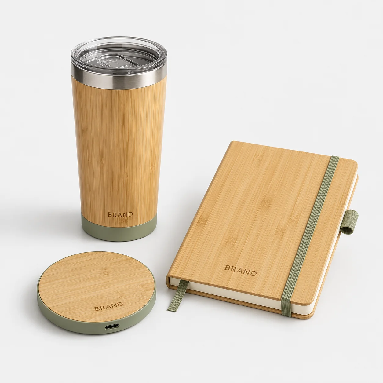 Bamboo wireless charger, tumbler and promotional notebook