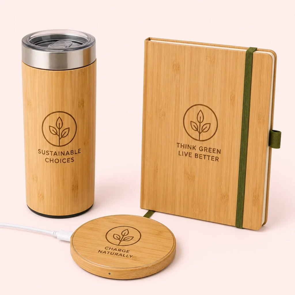 Bamboo wireless charger, tumbler and promotional notebook