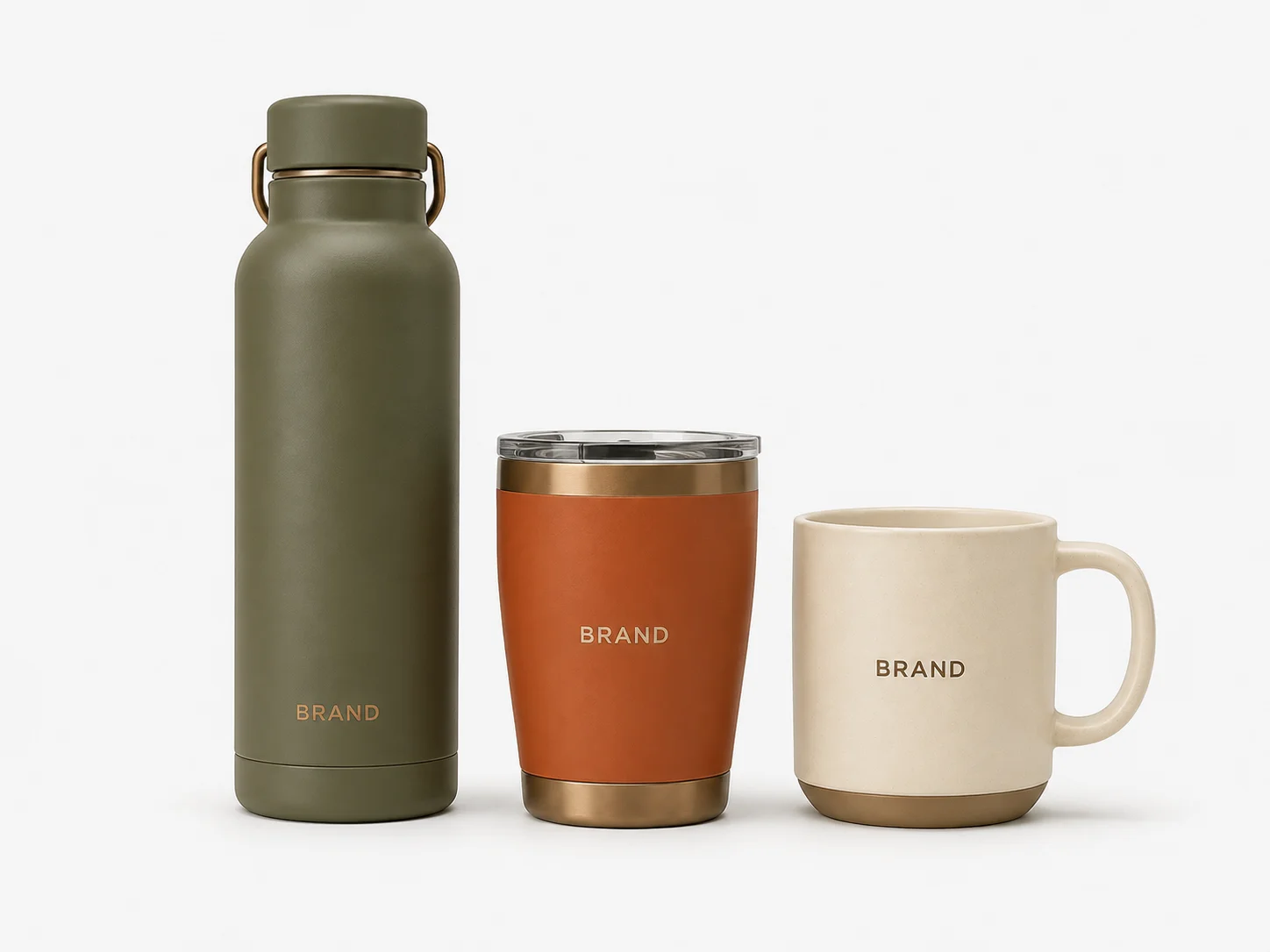 Branded water bottle, tumbler and coffee mug