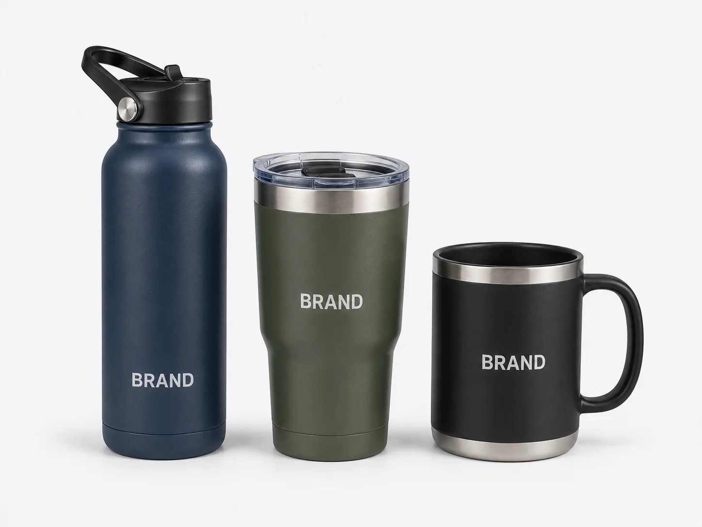 Branded water bottle, tumbler and coffee mug