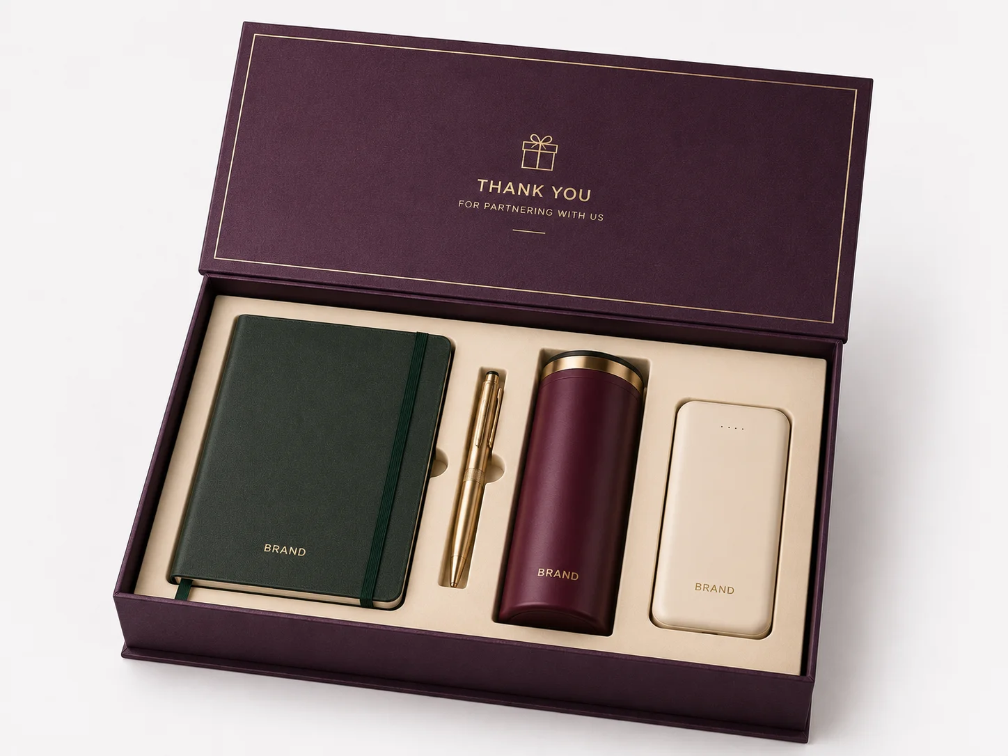 Custom corporate gift box with notebook, pen, tumbler and power bank