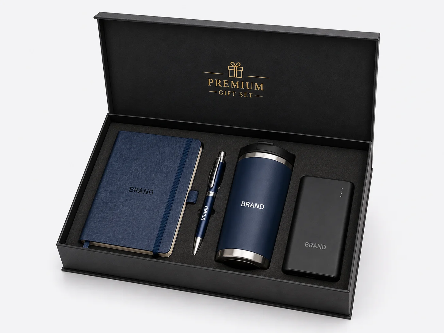 Custom corporate gift box with notebook, pen, tumbler and power bank