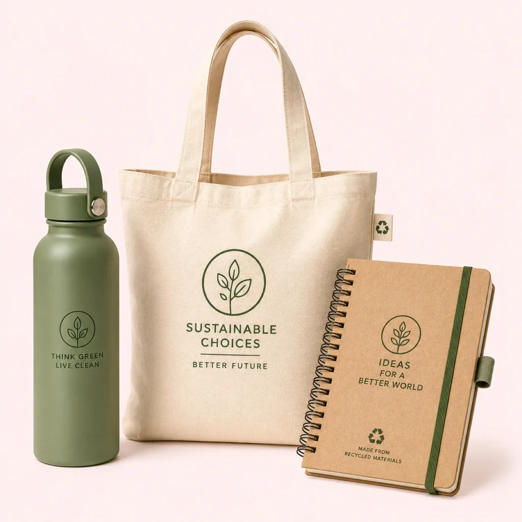 Reusable bottle, canvas tote bag and recycled-material notebook