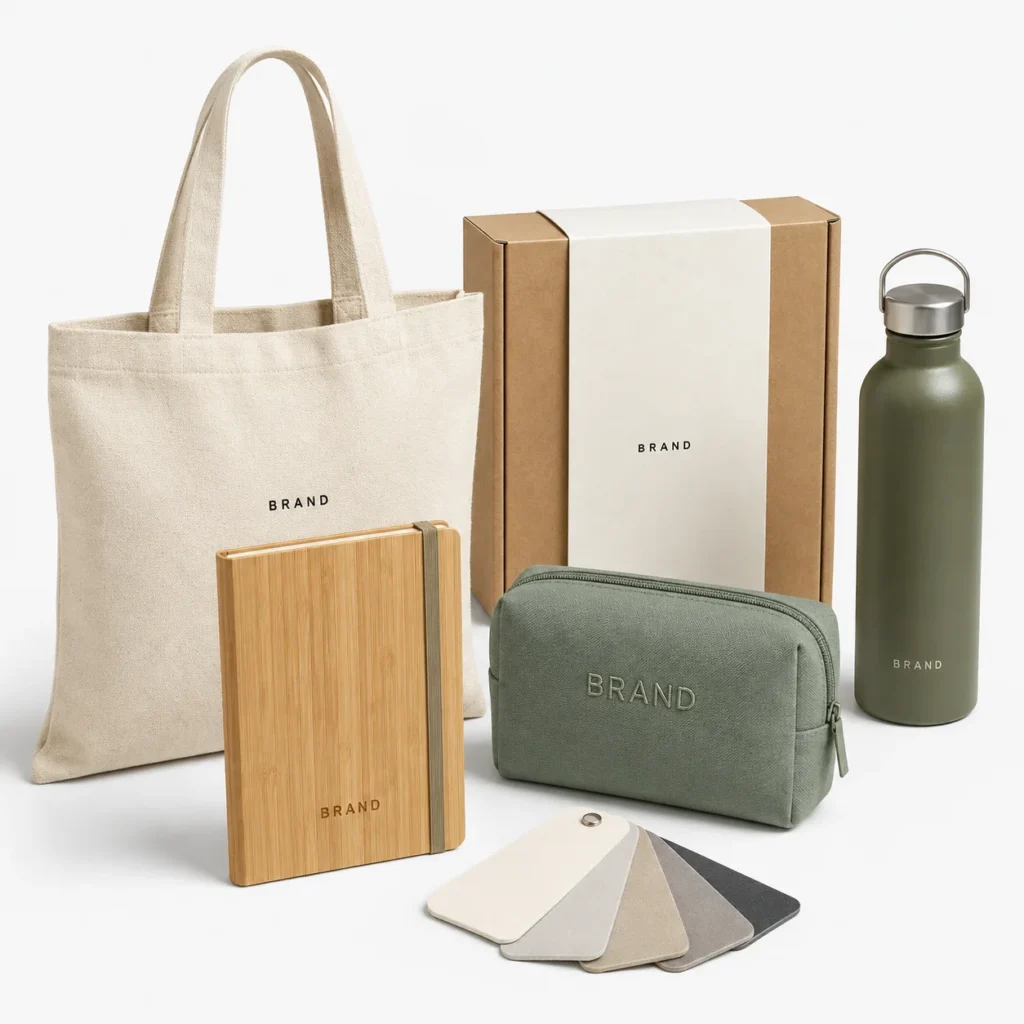 Branded canvas tote, bamboo notebook, rPET pouch, reusable bottle and kraft presentation box
