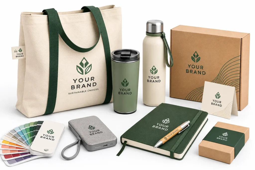 Promotional bag, drinkware, notebook, tech accessory, color swatches and packaging sample