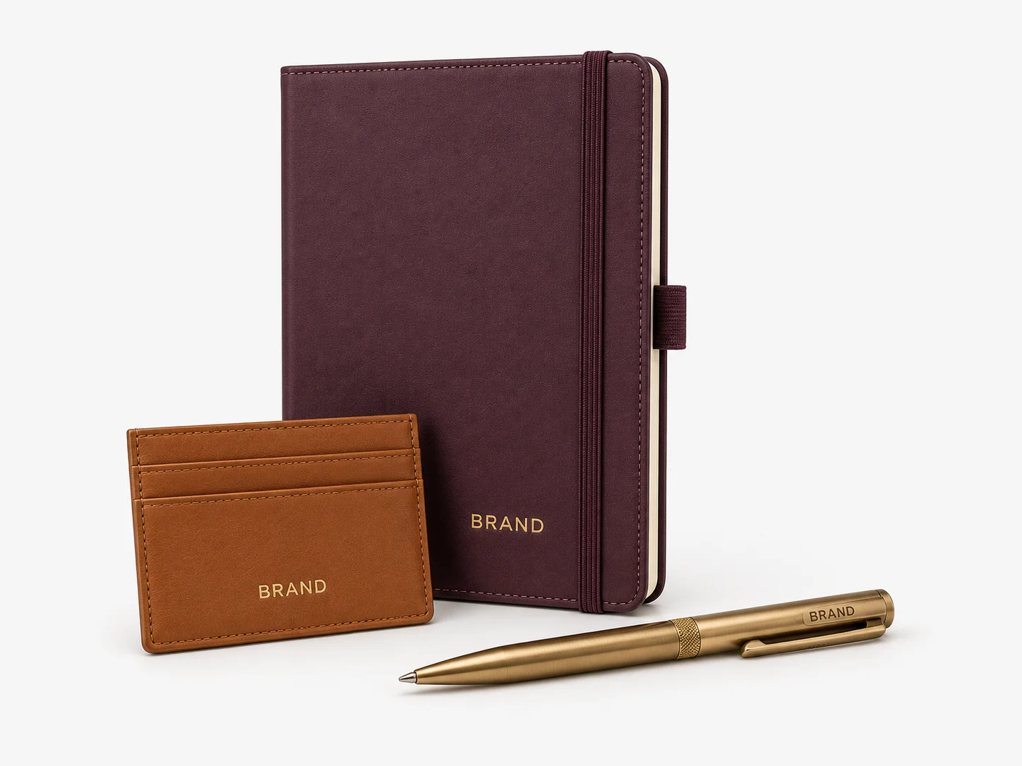 Custom notebook, metal pen and card holder