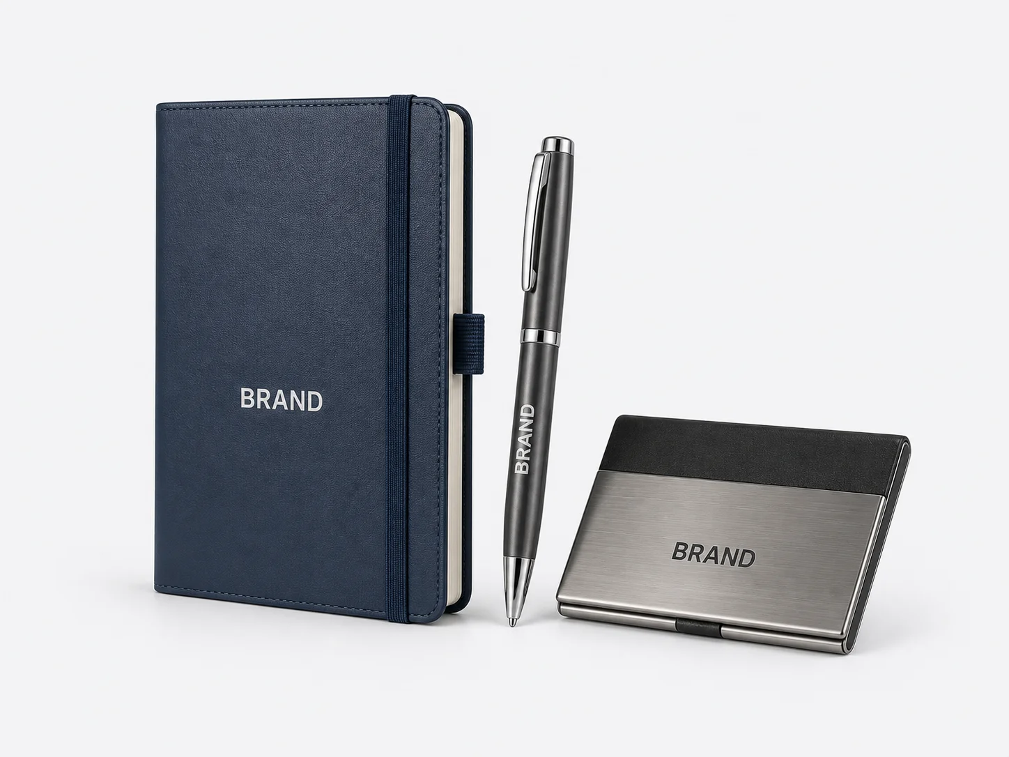 Custom notebook, metal pen and card holder