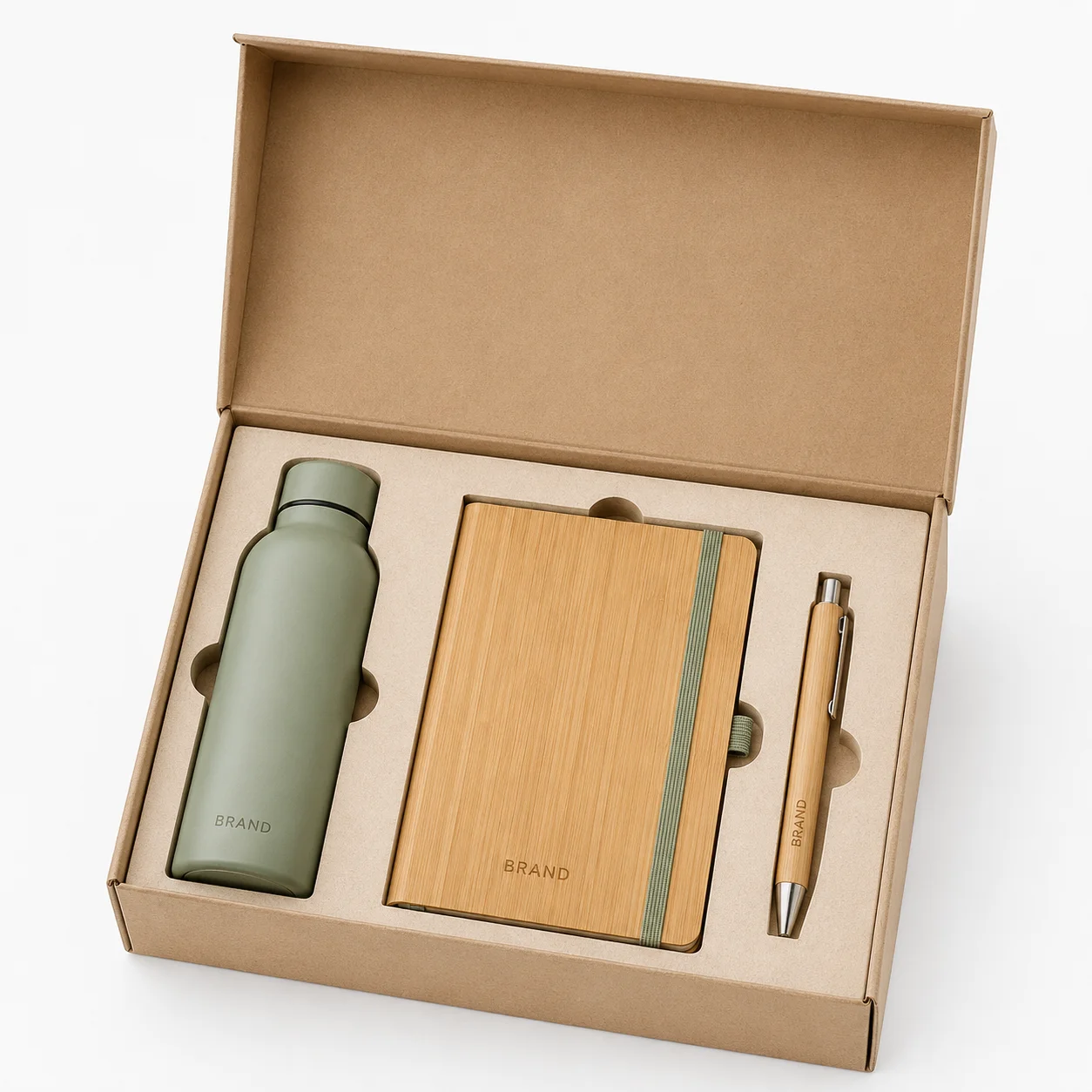 Custom-cut paper insert holding a bottle, notebook and promotional accessory