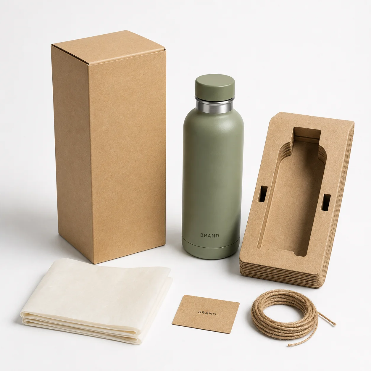 Promotional products packaged with a kraft box, paper wrap and cardboard insert