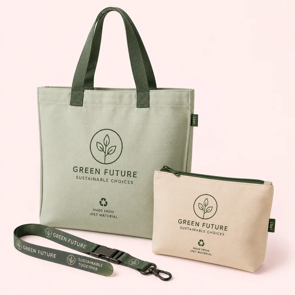 Custom rPET tote bag, zip pouch and promotional lanyard