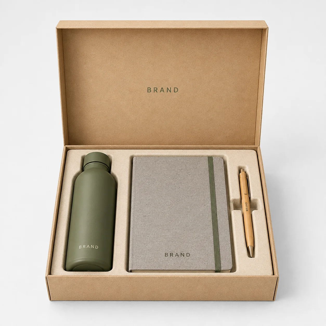 Sustainable corporate gift box with reusable bottle, notebook and bamboo pen