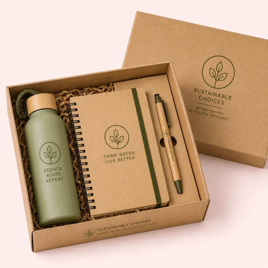 Sustainable corporate gift box with reusable bottle, notebook and bamboo pen