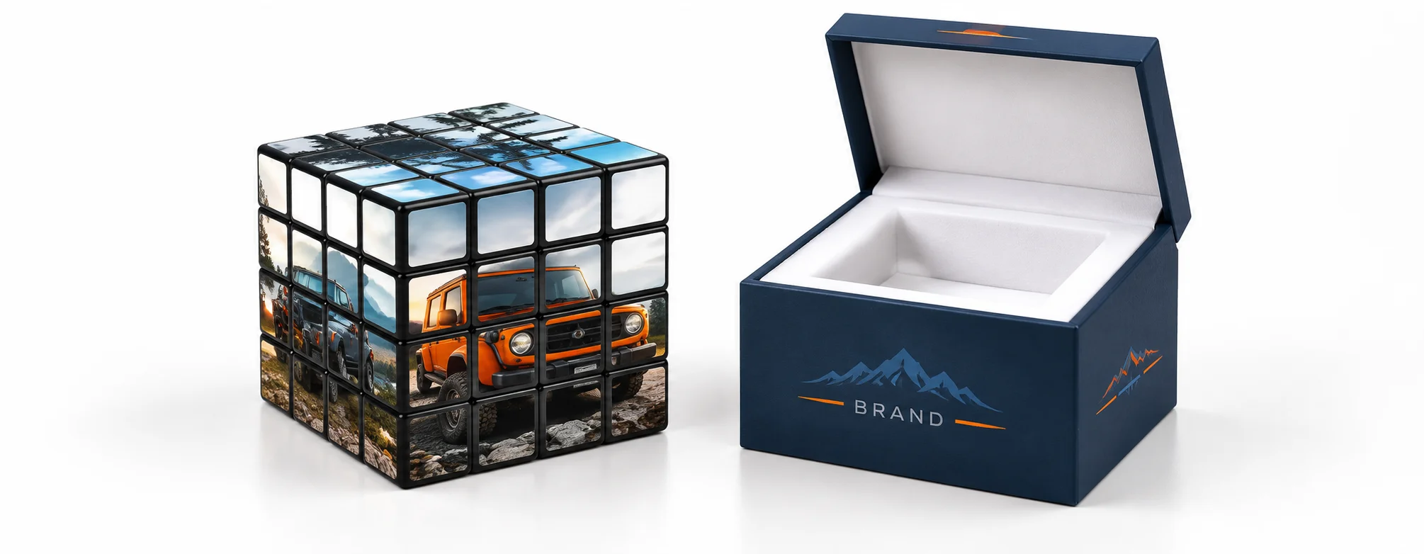 Custom 4x4 rubiks cube displayed with individual retail presentation gift box packaging
