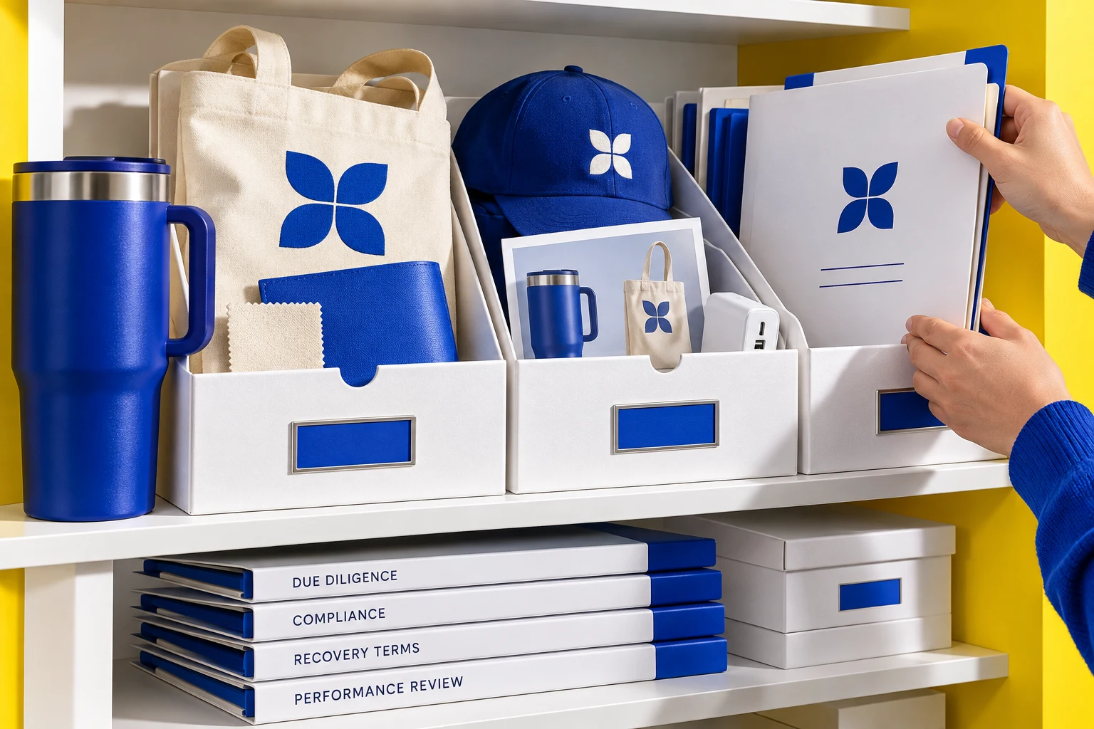 Hands pulling a project file from organized office shelves containing binders labeled Due Diligence, Compliance, Recovery Terms, and Performance Review.