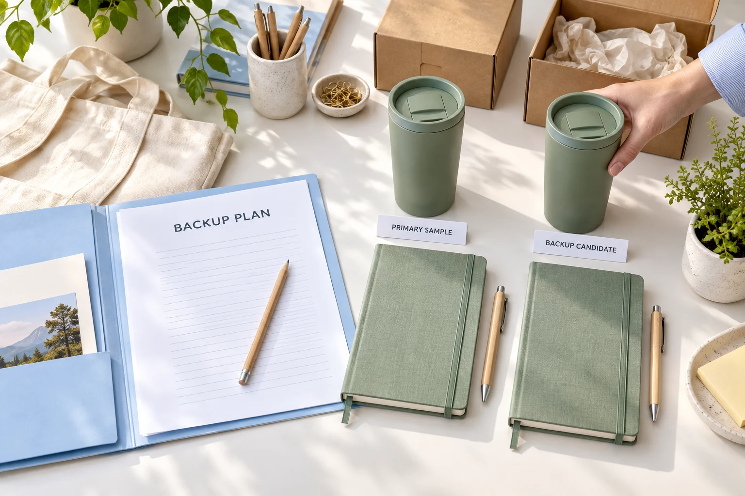 Backup vendor plan beside matching sage tumblers labeled Primary Sample and Backup Candidate.