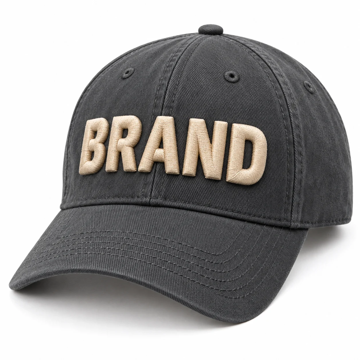 Raised BRAND 3D puff embroidery on a charcoal cap