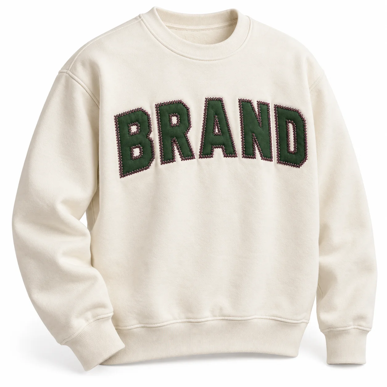 BRAND fabric appliqué embroidered onto a promotional sweatshirt