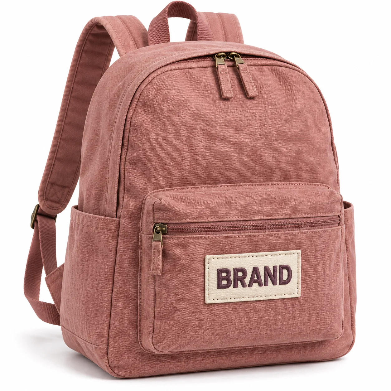 BRAND embroidered patch attached to a canvas promotional backpack