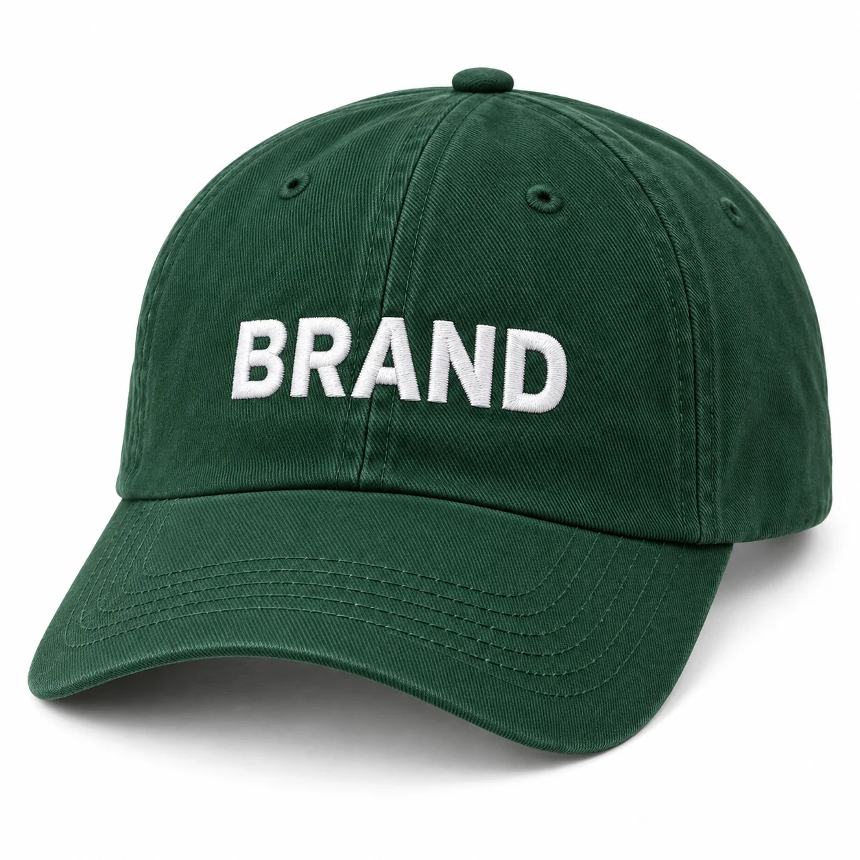 BRAND flat embroidered on a forest-green promotional cap