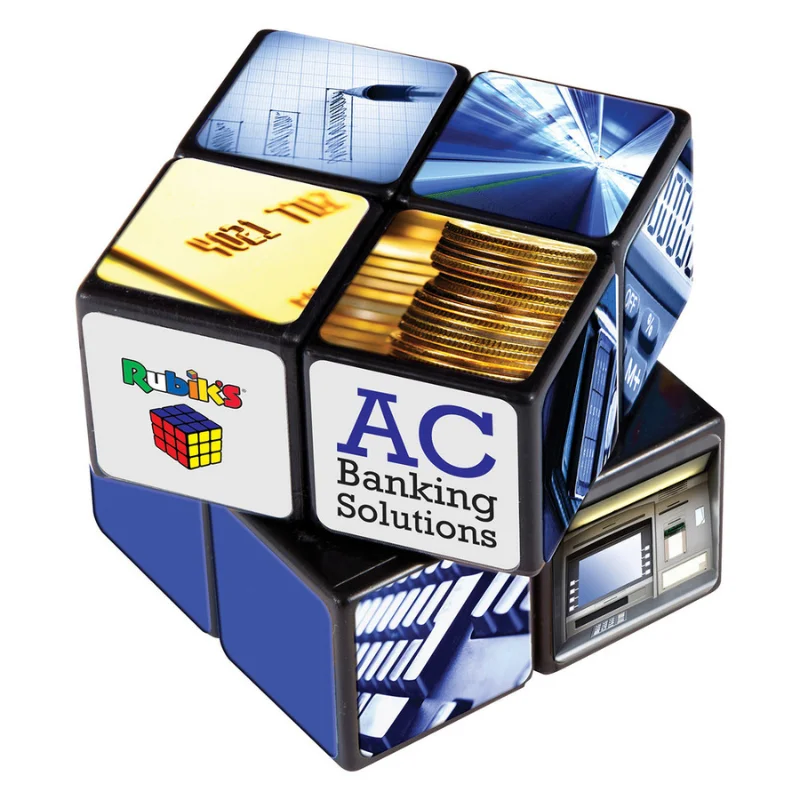 Branded 2x2 puzzle cube with corporate graphics printed on multiple sides.