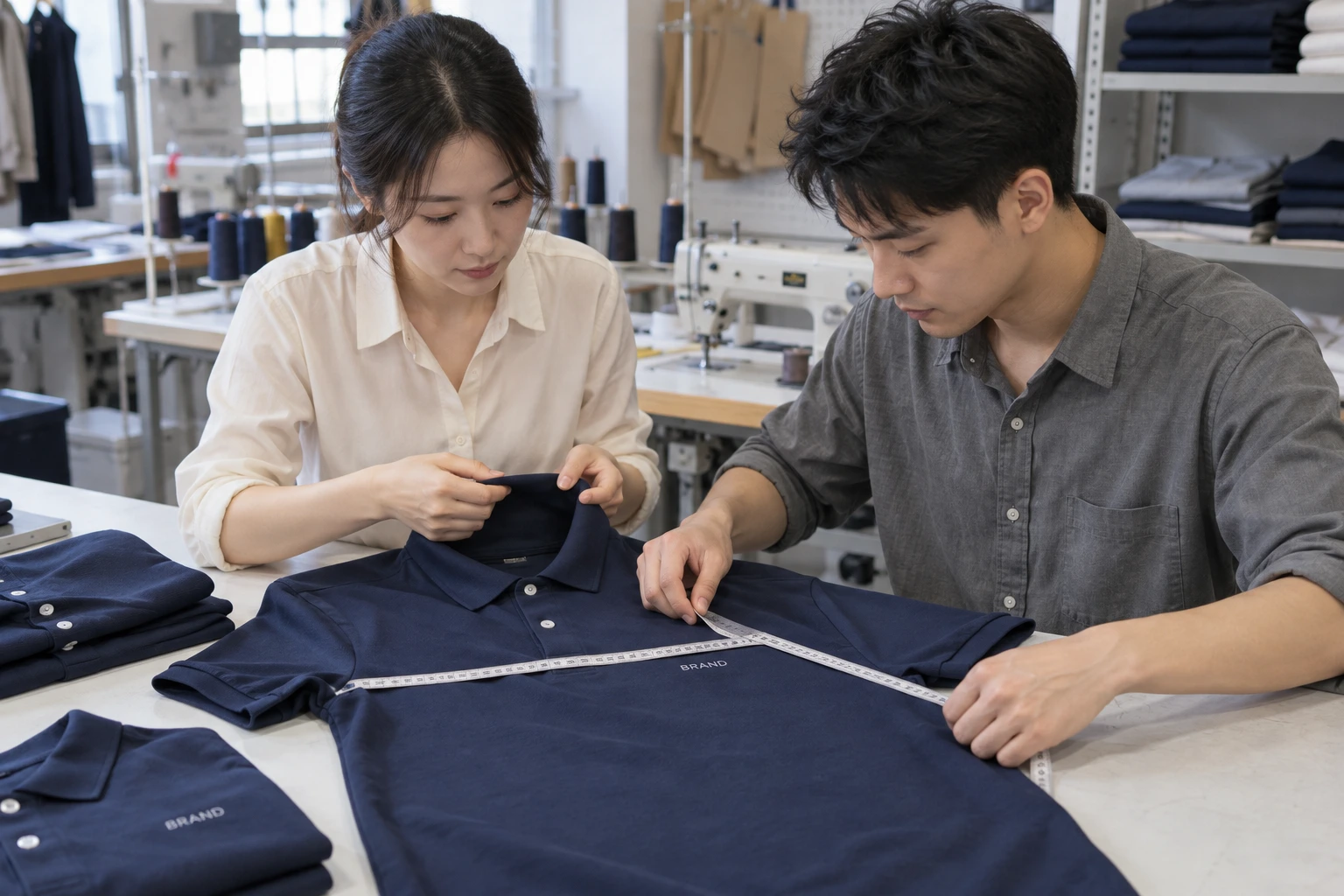 Two professionals checking a navy polo shirt’s collar and dimensions with a measuring tape.