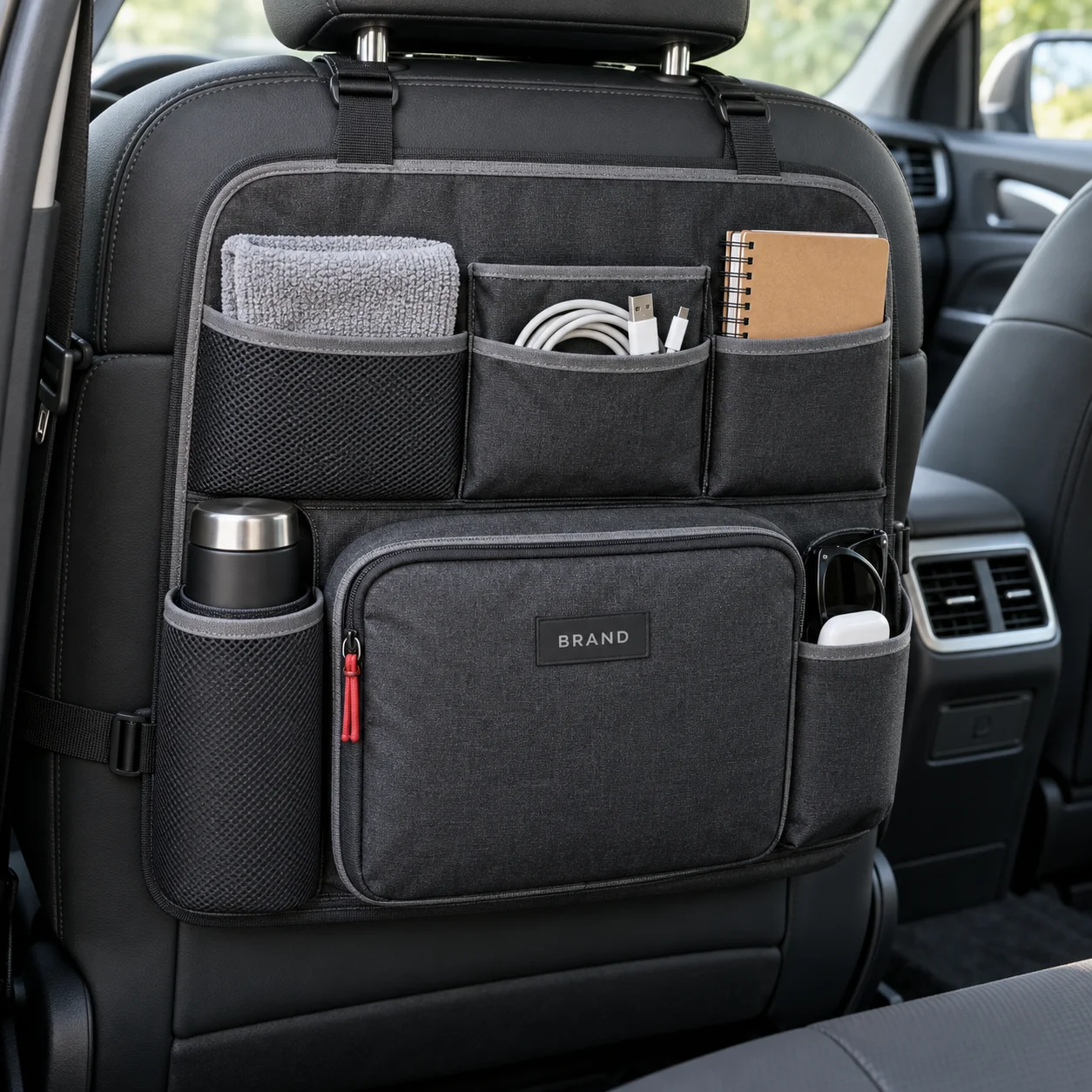 Branded fabric car organiser holding travel essentials on a rear seat