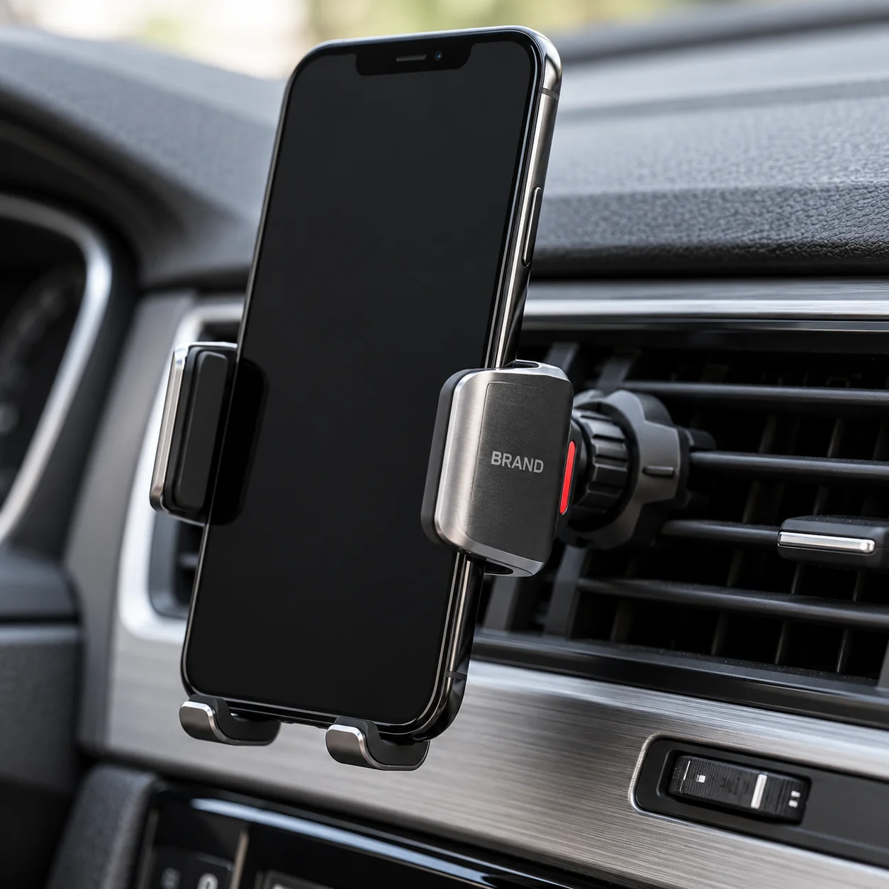 Branded phone holder fitted to an air vent in a parked car