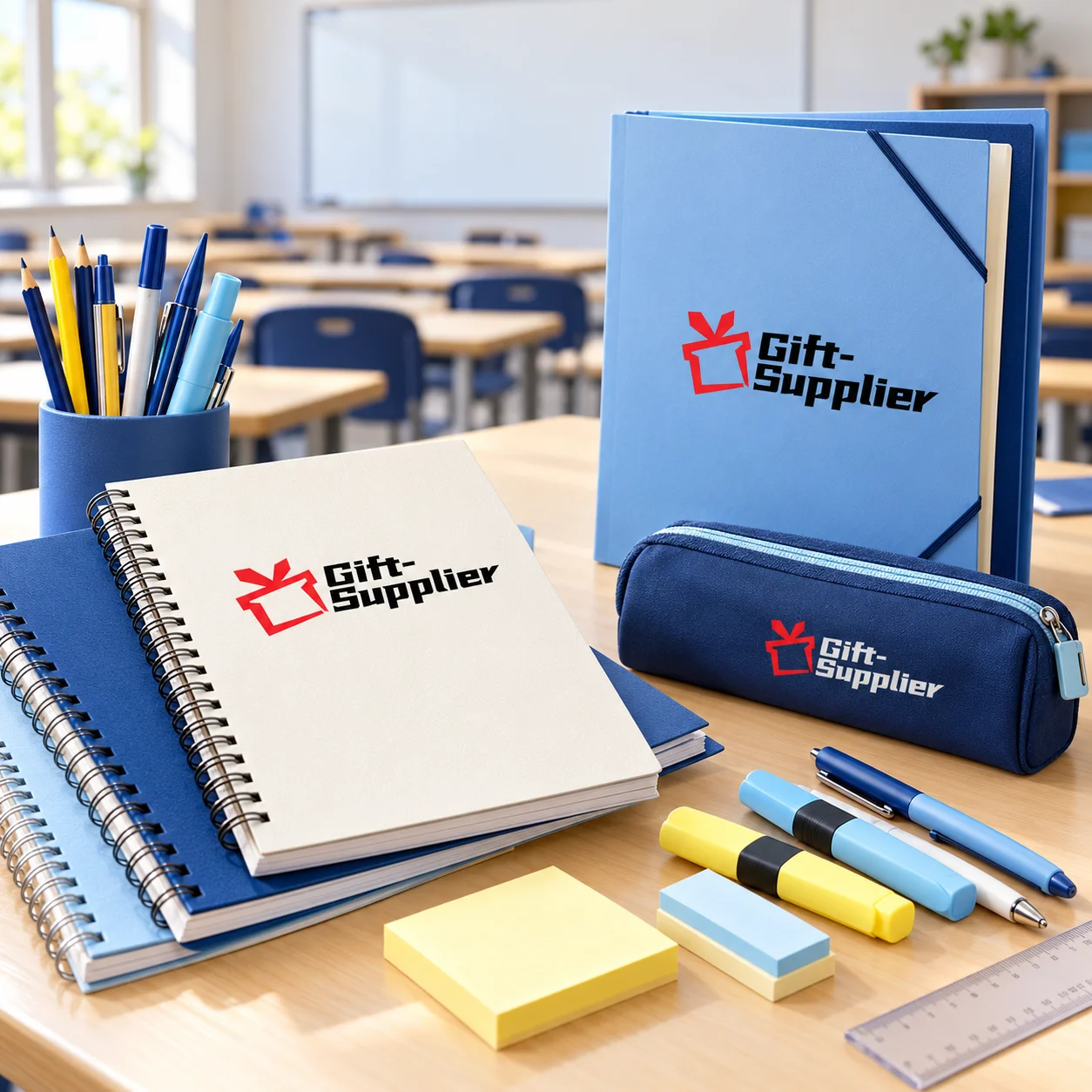 Branded exercise books, pencils, pens and folders on a classroom desk