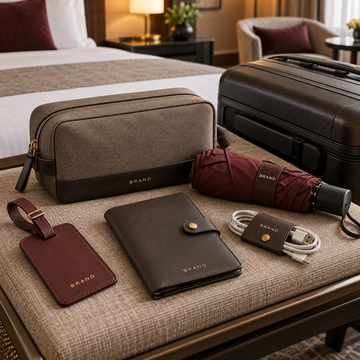 Branded luggage tags and travel accessories in a hotel guest room