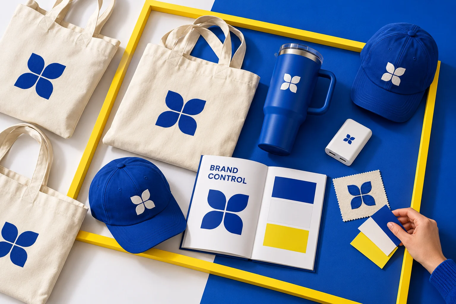 Flat lay of branded corporate merchandise framed in yellow around an open brand control guideline book showing color palettes.