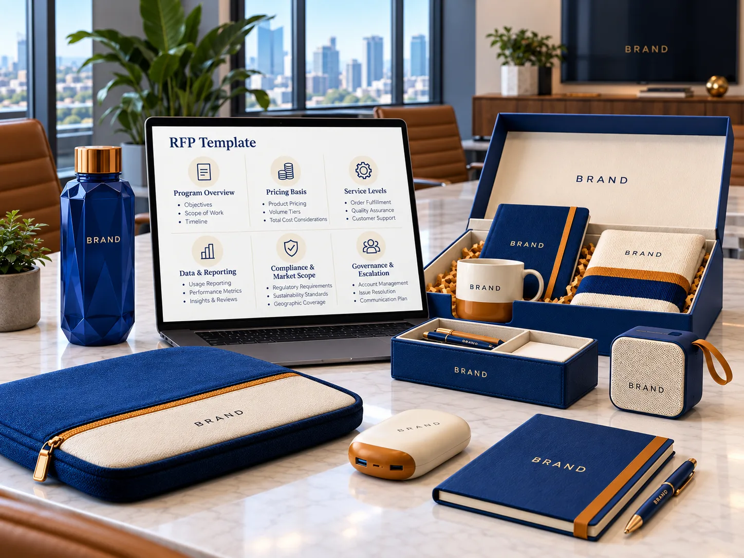 Branded merchandise RFP template in a conference room
