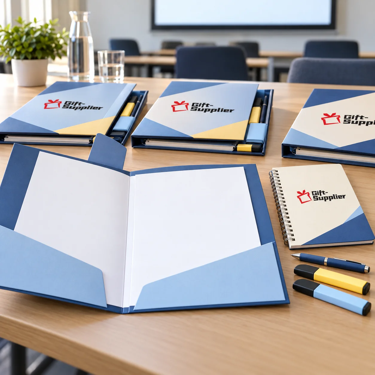 Workshop stationery packs with notebooks, folders, pens and highlighters