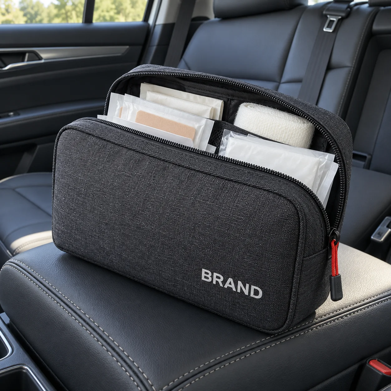 Branded compact first aid pouch displayed inside a parked car
