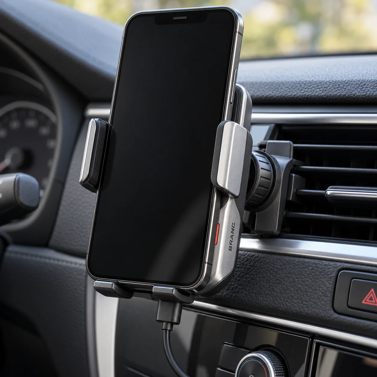 Branded wireless car charging mount holding a phone in a parked vehicle