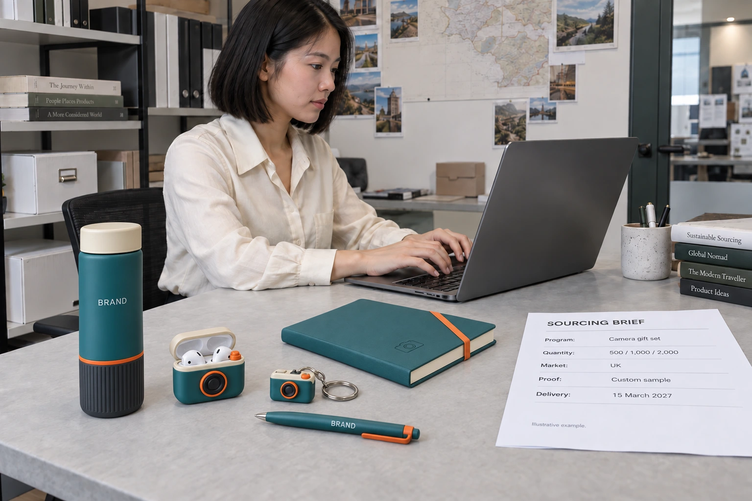 Hands reviewing printed product specifications and measuring a camera-shaped earbud case with a ruler.