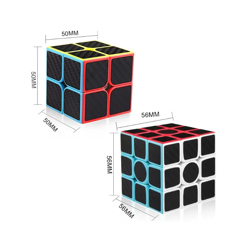 Comparison layout featuring a carbon fiber 2x2 cube alongside a standard 3x3 speed cube with dimension callouts
