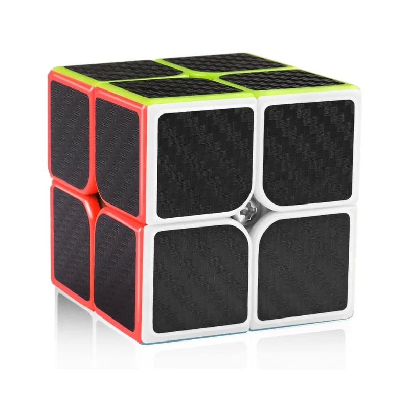 Carbon fiber 2x2 cube hero view displaying textured black finish and colored base accents on a clean surface