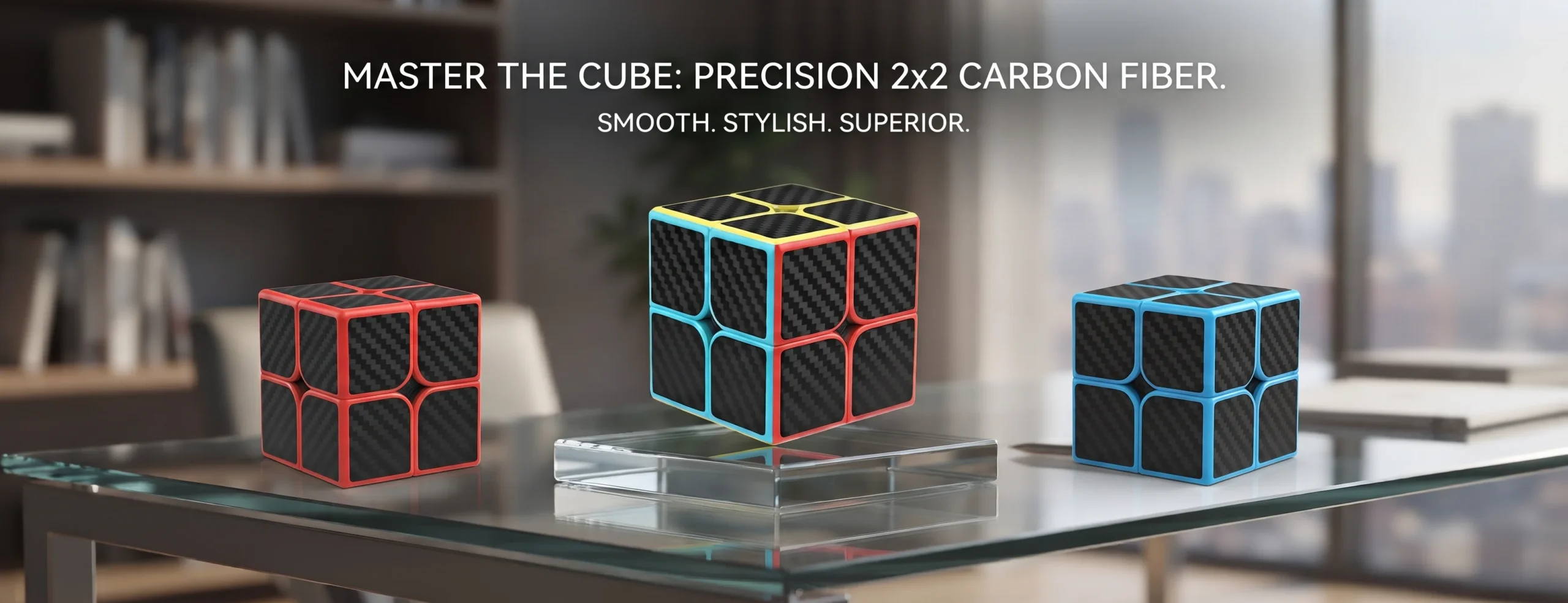 Wide introduction banner showing a carbon fiber 2x2 cube on a minimalist glass desk