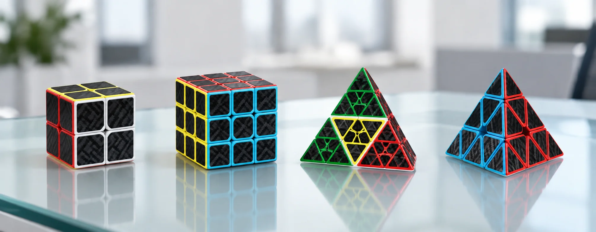 Wide introduction banner showing a carbon fiber 2x2 cube on a minimalist glass desk 