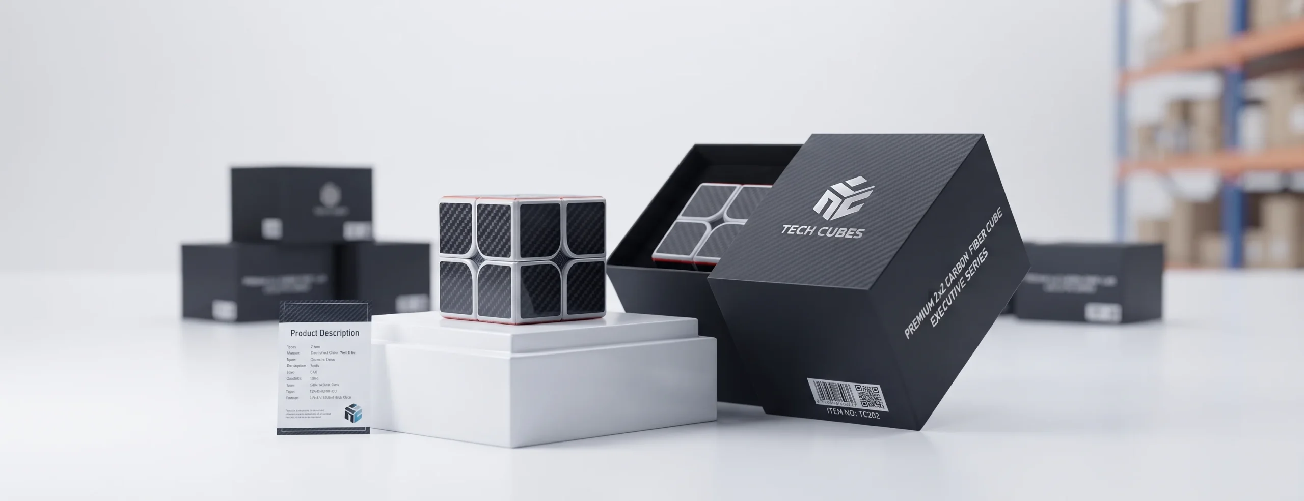 Carbon fiber 2x2 cube displayed with individual retail presentation gift box packaging