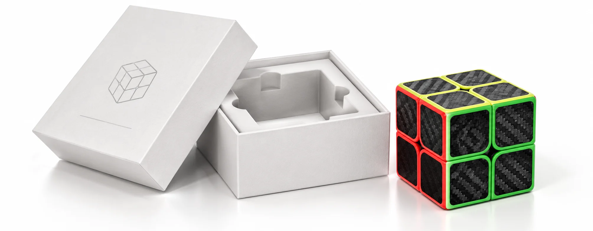 Carbon fiber 2x2 cube displayed with individual retail presentation gift box packaging