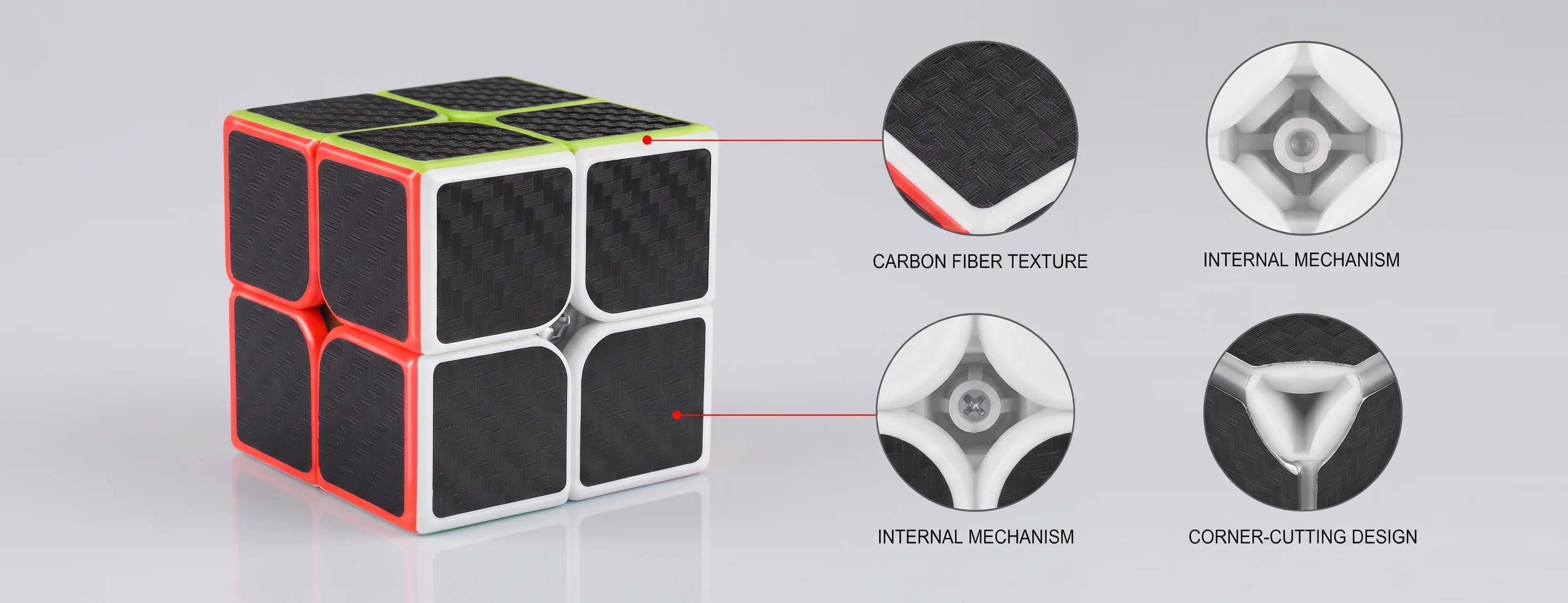 Technical specifications view of a carbon fiber 2x2 cube highlighting sticker texture and ABS build quality