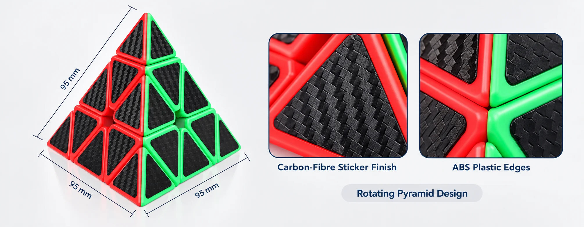 Technical specifications view of a carbon fiber 2x2 cube highlighting sticker texture and ABS build quality