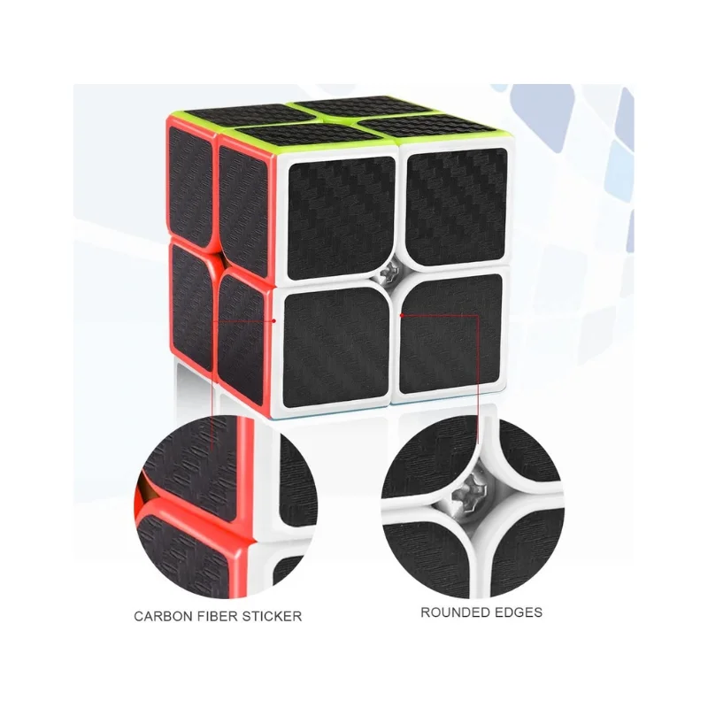 Macro close-up of textured carbon fiber stickers and rounded edge build quality on a carbon fiber 2x2 cube