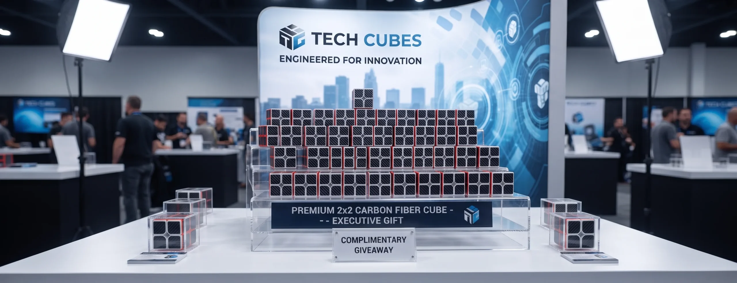 Display of carbon fiber 2x2 cubes arranged as executive promotional gifts at a trade show booth