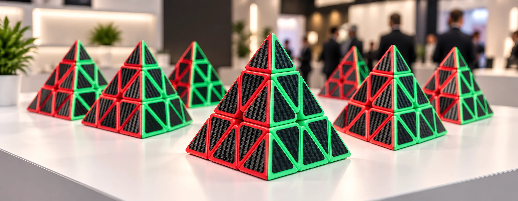 Display of carbon fiber 2x2 cubes arranged as executive promotional gifts at a trade show booth