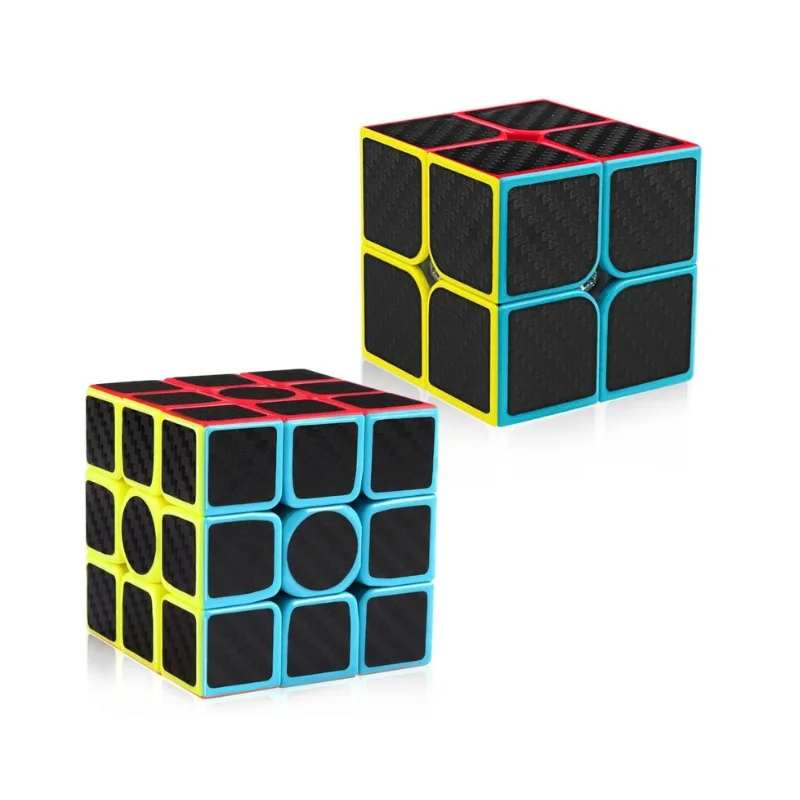 Carbon fiber 3x3 cube dual angle view displaying textured black finish and colored base accents on a clean surface