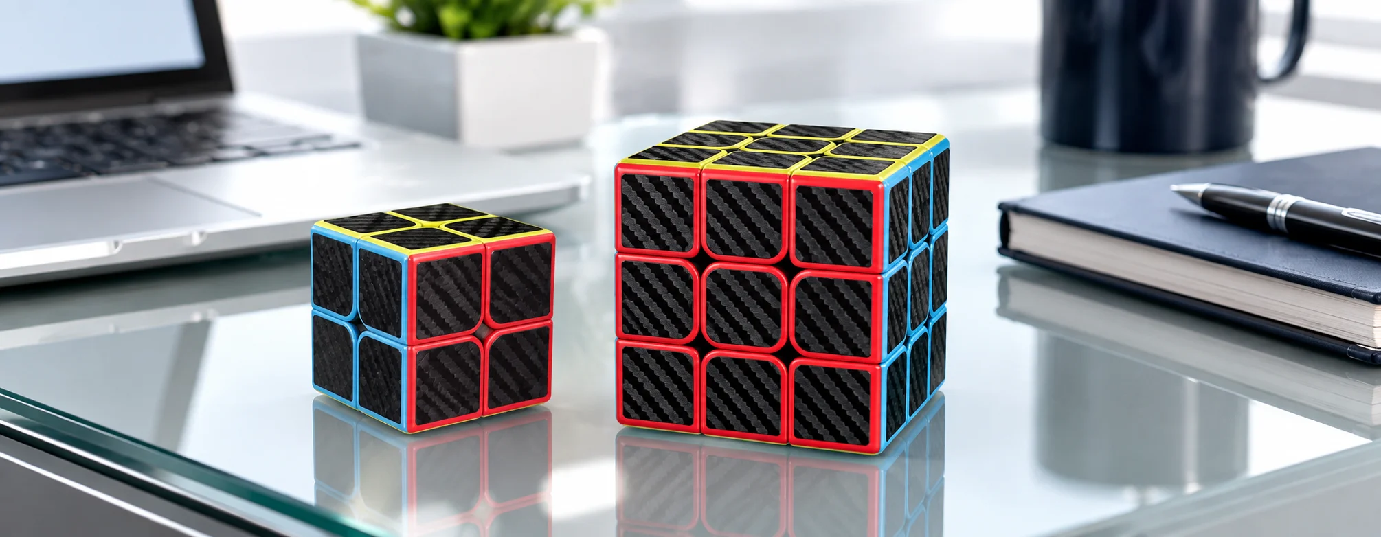 Wide introduction banner showing a carbon fiber 3x3 cube on a minimalist glass desk

