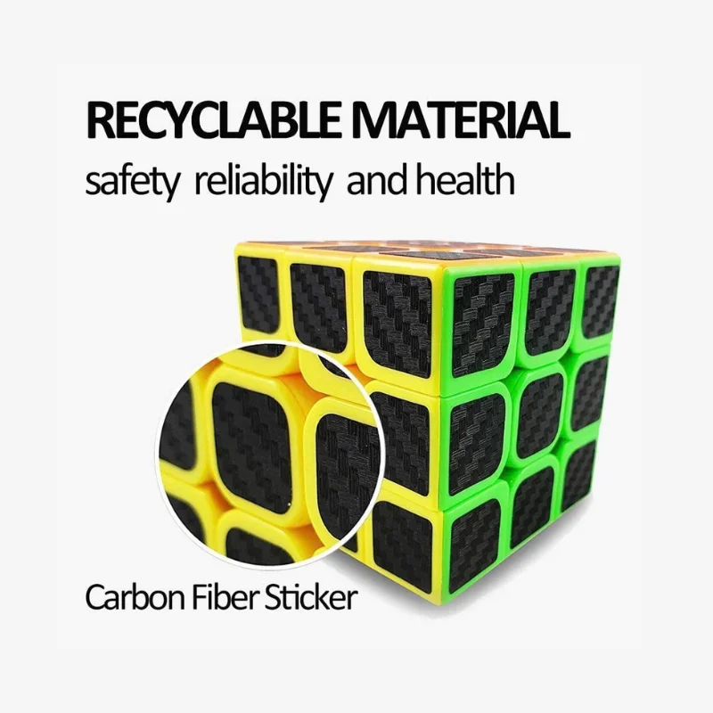 Macro close-up of textured carbon fiber stickers and recyclable ABS plastic build on a 3x3 cube