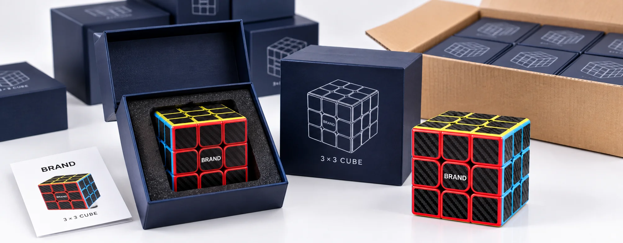 Carbon fiber 3x3 cube displayed with individual retail presentation gift box packaging
